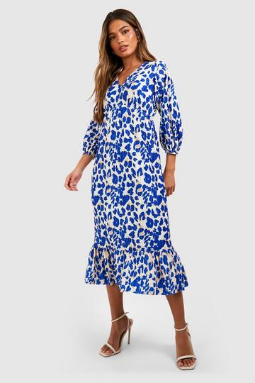 Blue Leopard Plisse Puff Sleeve Frill Midi Dress