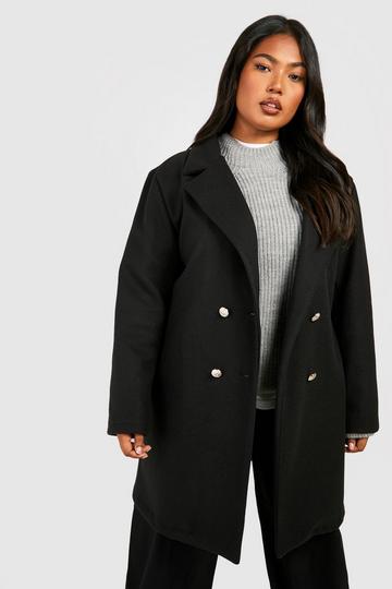 Black Plus Wool Look Double Breasted Military Buttons Coat