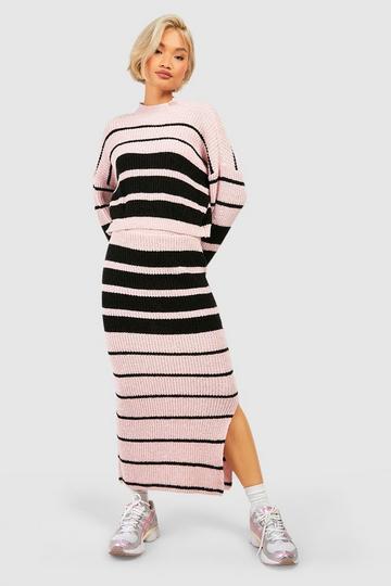 Stripe Sweater And Skirt Knitted Two-Piece pink