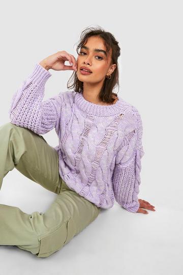 Lilac Purple Marl Distressed Cable Oversized Sweater