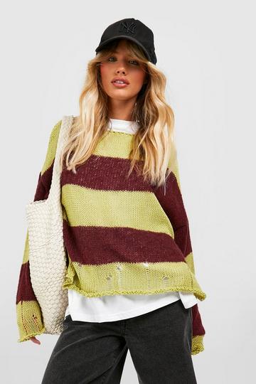 Soft Knit Distressed Slouchy Stripe Sweater lime