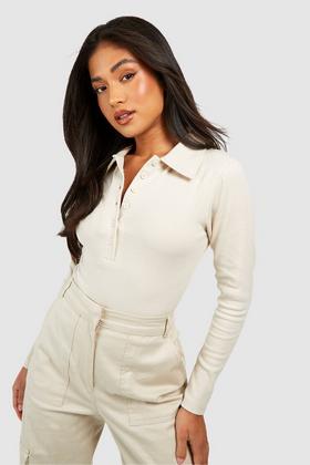 Women's White Petite Basic Long Sleeve Bodysuit
