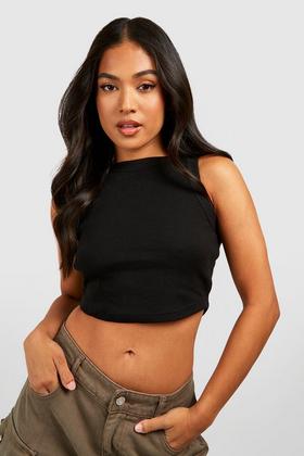 Petite Black High Neck Ribbed Long Sleeve Crop Top