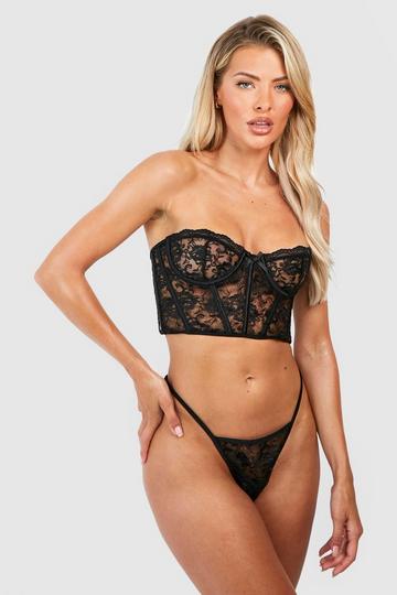 Structured Lace Crop Corset And Thong Set black
