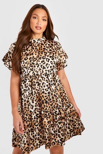 Tall Leopard Print Funnel Tiered Smock Dress brown