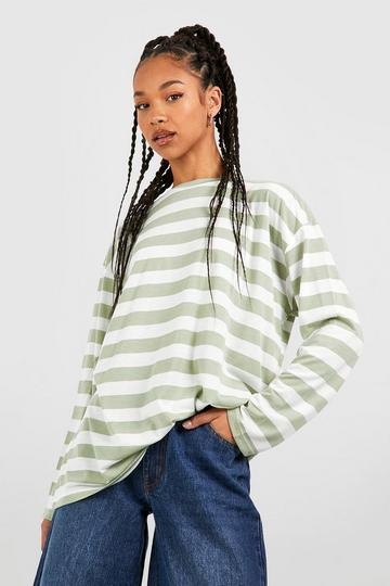 Tall Wide Stripe Oversized Long Sleeve T-shirt green olive