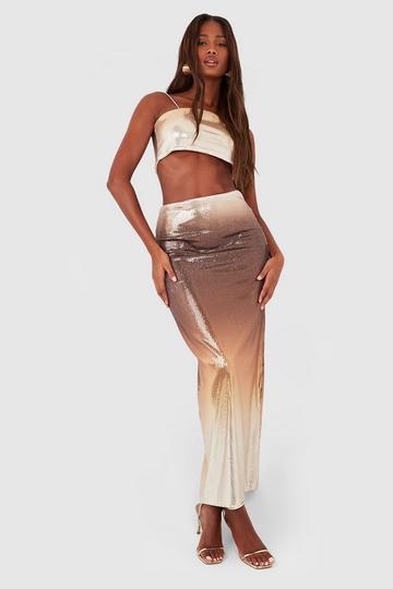 Ombre Sequin Square Neck Cami & Maxi Skirt natural beige