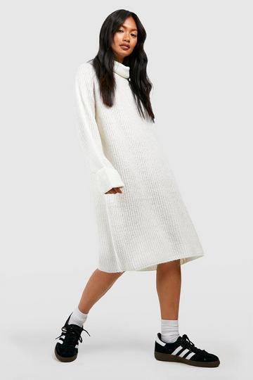 Turn Up Cuff Turtleneck Mini Sweater Dress ecru