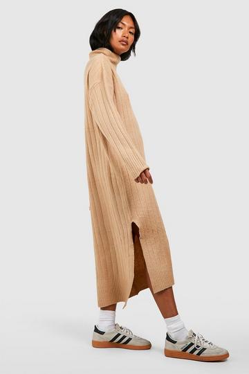 Rib Knit Turtleneck Midxai Sweater Dress camel