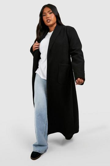Black Plus Wool Look Belted Longline Jacket