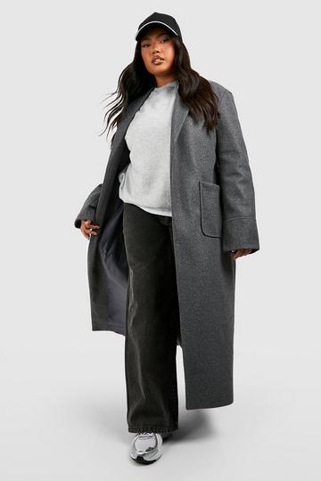 Grey Plus Wool Look Belted Longline Jacket