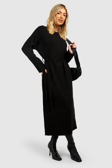 Black Fine Gauge Belted Knitted Midi Dress