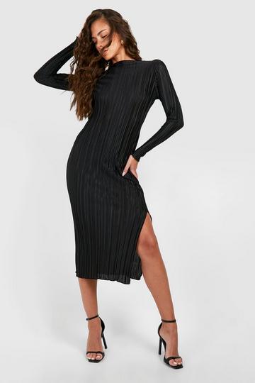 Black Plisse Long Sleeve Midi Dress