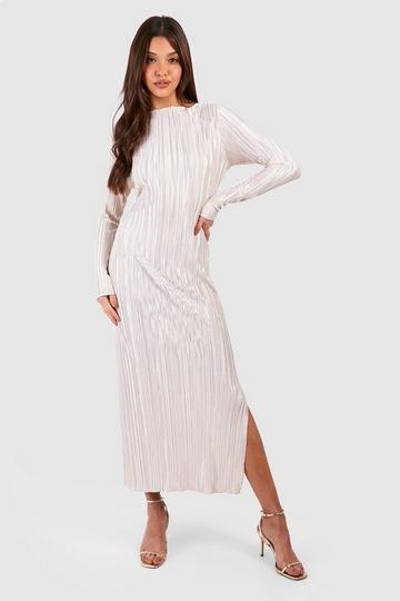 Plisse Long Sleeve Midaxi Dress champagne