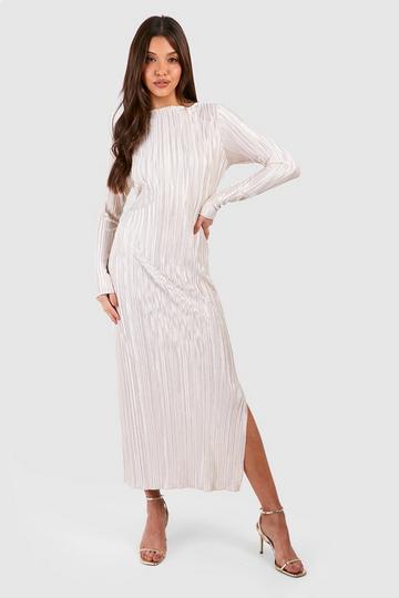 Champagne Beige Plisse Long Sleeve Midi Dress