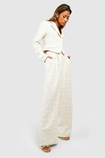 Cream White Premium Sequin Wide Leg Dress Pants