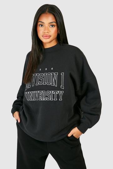 University Slogan Embroidered Oversized Sweatshirt black