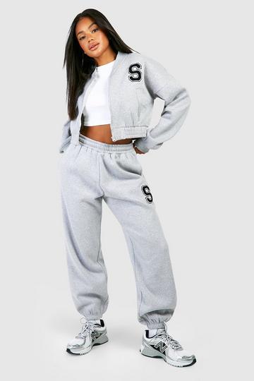 Toweling Applique Bomber Jacket And Cuffed Jogger Tracksuit grey marl