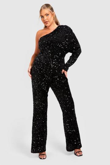 Plus Velvet Sequin One Shoulder Jumpsuit black