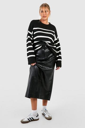 Black Plus Croc Pu Split Midaxi Skirt