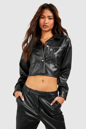 Tall Faux Leather Pocket Detail Crop Oversized Jacket black