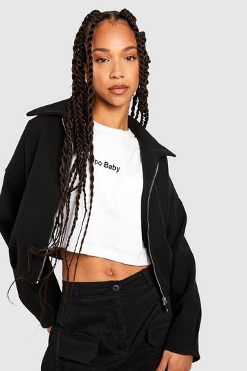 Tall Cropped Wool Look Zip Up Bomber Jacket black