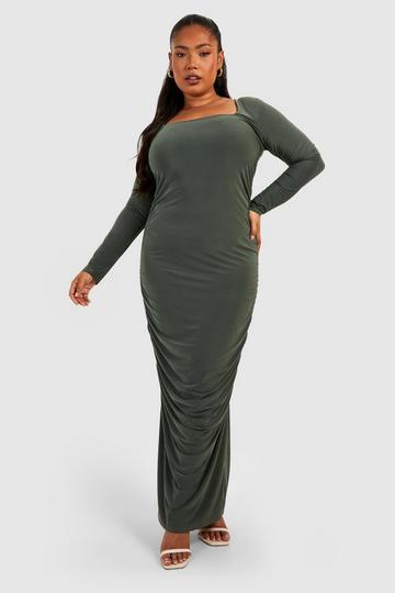 Plus Double Slinky Ruched Square Neck Midi Dress olive