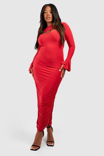 Plus Double Slinky Ruched Fared Cuff Midi Dress red