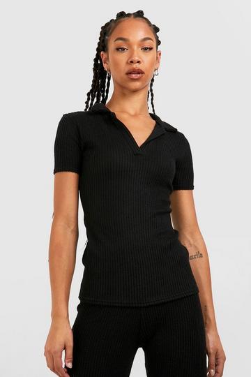 Tall Soft Knitted Rib Open Collar T-shirt black