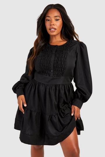 Black Plus Woven Shirred Detail Tiered Smock Dress