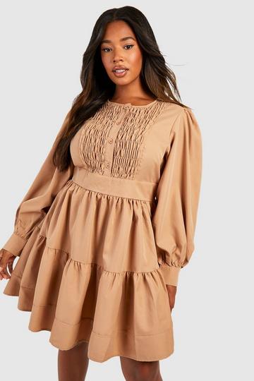 Stone Beige Plus Woven Shirred Detail Tiered Smock Dress