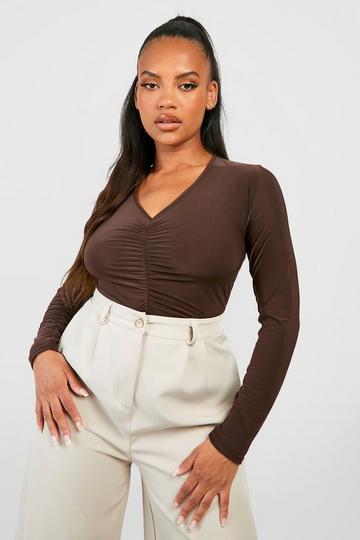 Plus Ruched Front V Neck Long Sleeve Bodysuit chocolate