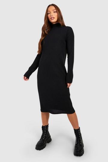 Tall Soft Knitted Rib Crew Longsleeve Column Midi Dress black