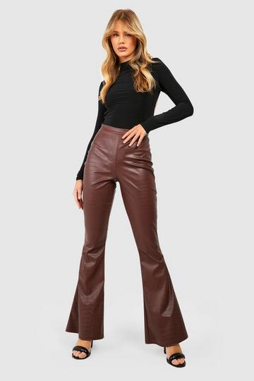 Croc Faux Leather High Waisted Flared Trousers chocolate