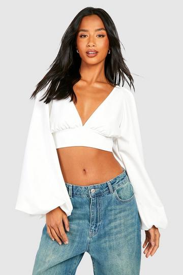 Plus White High Neck Soft Long Sleeve Crop Top