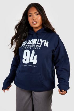 Plus Size Navy Blue 'Brooklyn New York' Slogan Hoodie