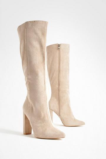 Wide Width Pointed Knee High Heeled Boots stone