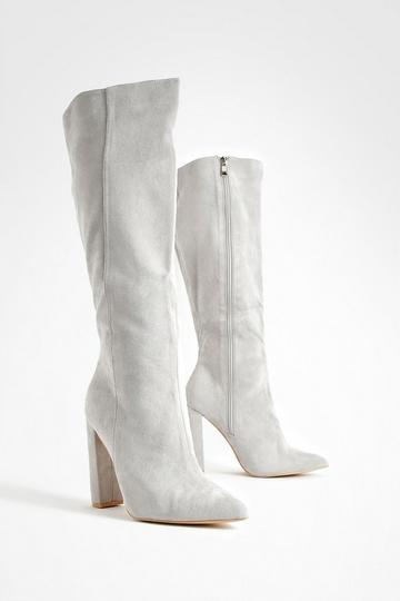 Grey Wide Width Pointed Knee High Heeled Boots