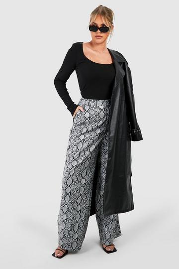 Plus Snake Leather Look Wide Leg Trousers grey