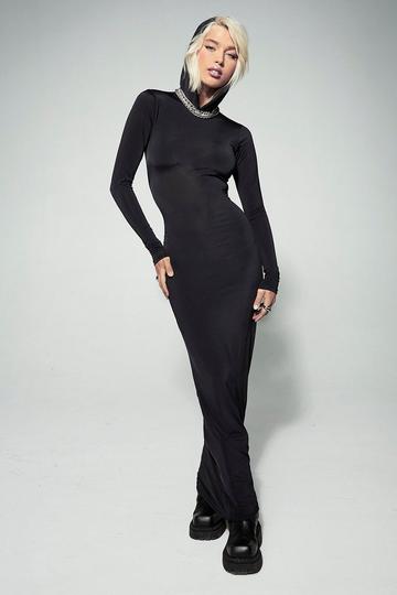 Black Slinky Hooded Maxi Dress