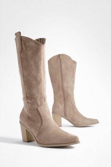 Tab Detail Knee High Western Cowboy Boots taupe