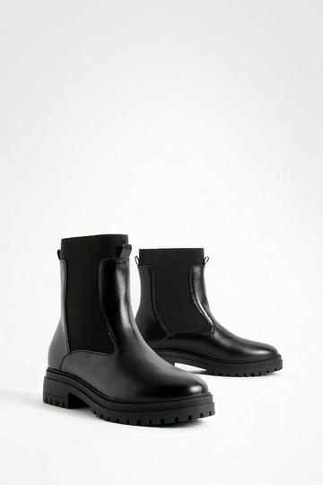 Black Wide Fit Elastic Panel Chunky Chelsea Boots