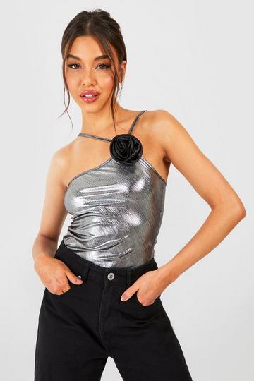 Silver Corsage Cowl Neck Cami