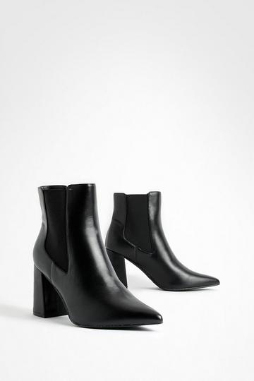 Black Pu Block Heel Pointed Toe Ankle Boots