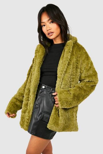 Green Textured Faux Fur Longline Coat