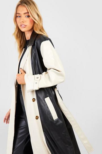 Colour Block Faux Leather Trench Coat dark brown