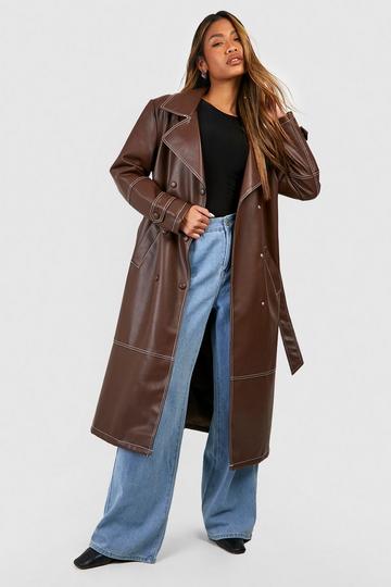 Contrast Stitch Detail Faux Leather Trench Coat chocolate