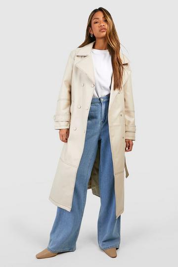 Stone Beige Contrast Stitch Detail Faux Leather Trench Coat