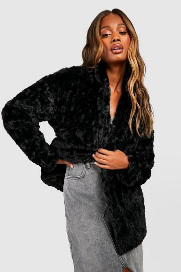 Textured Faux Fur Longline Coat black