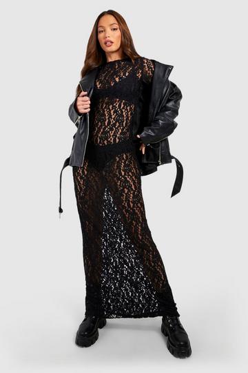Tall Floral Lace Semi Sheer Flare Sleeve Maxi Dress black